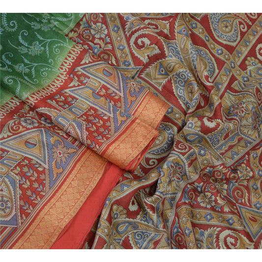 Sanskriti Vintage Green/Red Indian Sarees Pure Silk Printed Sari Craft Sustainable Fabric