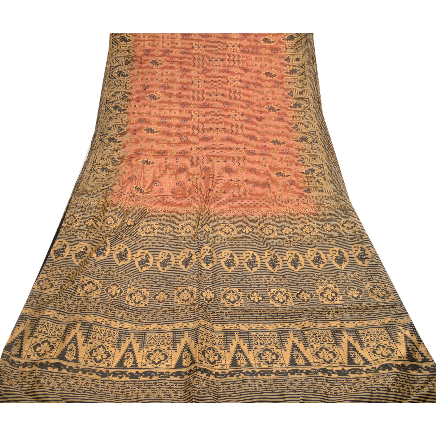 Sanskriti Vintage Red/Black Sarees Art Silk Painted Printed Sari Craft Fabric