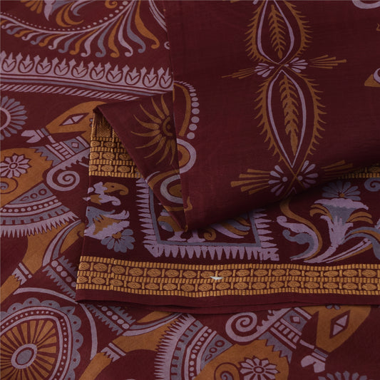 Sanskriti Vintage Orange/Red Pure Silk Sarees Human Animal Printed Sari Fabric