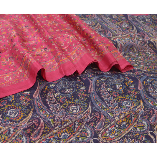 Sanskriti Vintage Hot Pink/Blå Ren Silke Sarier Trykt Sari Håndværk Bæredygtigt Stoff
