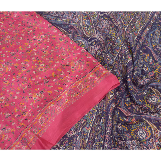 Sanskriti Vintage Hot Pink/Blue Pure Silk Sarees Printed Sari Craft Sustainable Fabric