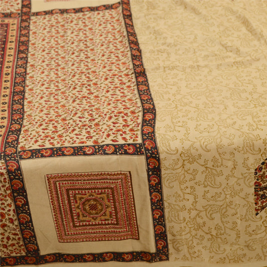 Sanskriti Vintage Cream Indian Sarees Printed Pure Silk Sari Soft Craft Sustainable Fabric