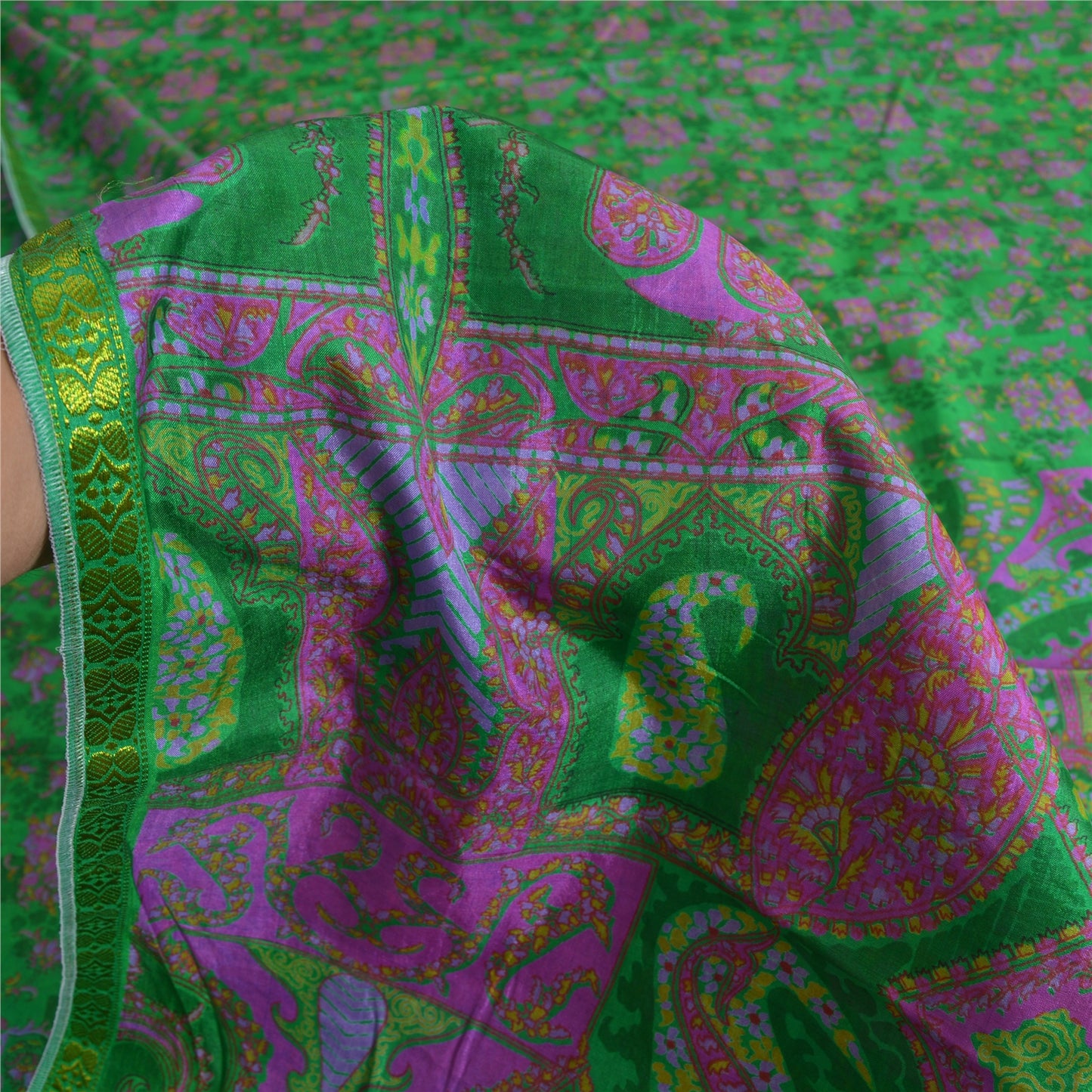 Sanskriti Vintage Green/Pink Sarees Artificial Silk Printed Sari Craft Sustainable Fabric