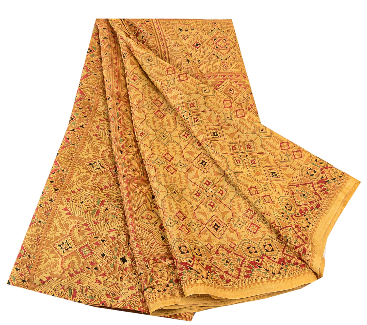 Sanskriti Vintage Beige Indian Pure Silk Printed Sarees Sari 5yd Craft Sustainable Fabric