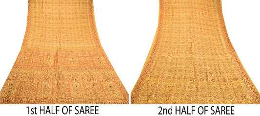 Sanskriti Vintage Beige Indian Pure Silk Printed Sarees Sari 5yd Craft Sustainable Fabric