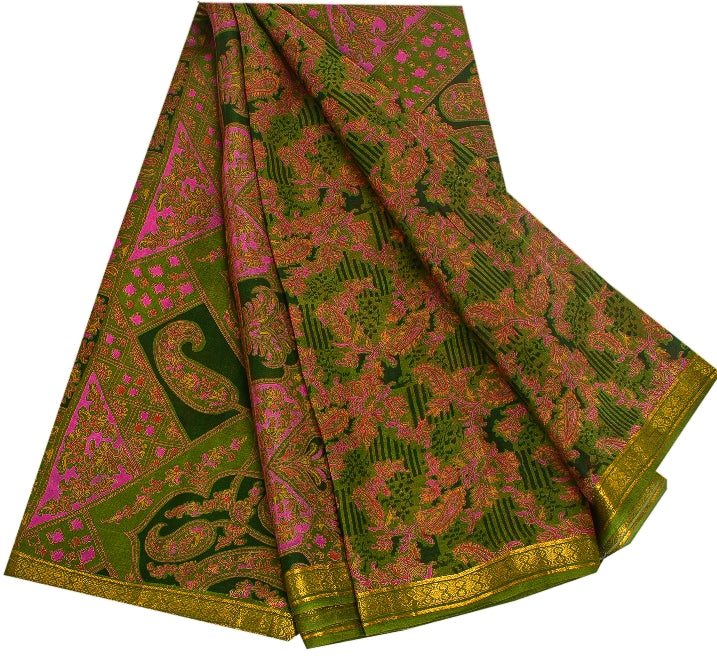 Sanskriti Vintage Green Sarees Printed Pure Silk Zari Border Sari Craft Sustainable Fabric