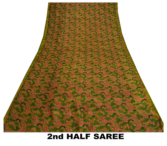 Sanskriti Vintage Green Sarees Printed Pure Silk Zari Border Sari Craft Sustainable Fabric