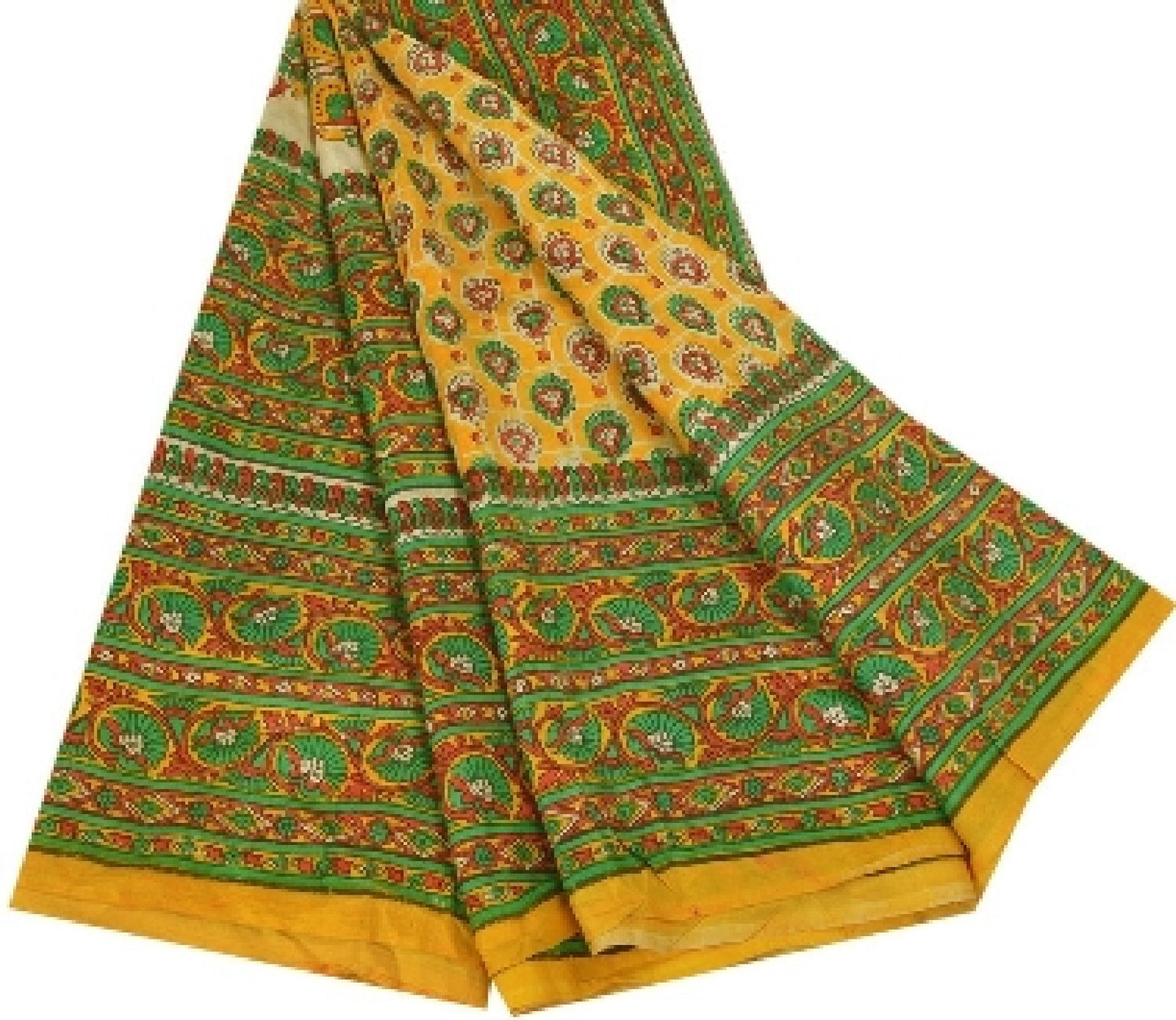 Sanskriti Vintage Sarees Yellow Indian Pure Silk Printed Sari 5yd Craft Sustainable Fabric