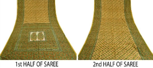 Sanskriti Vintage Sarees Yellow Indian Pure Silk Printed Sari 5yd Craft Sustainable Fabric