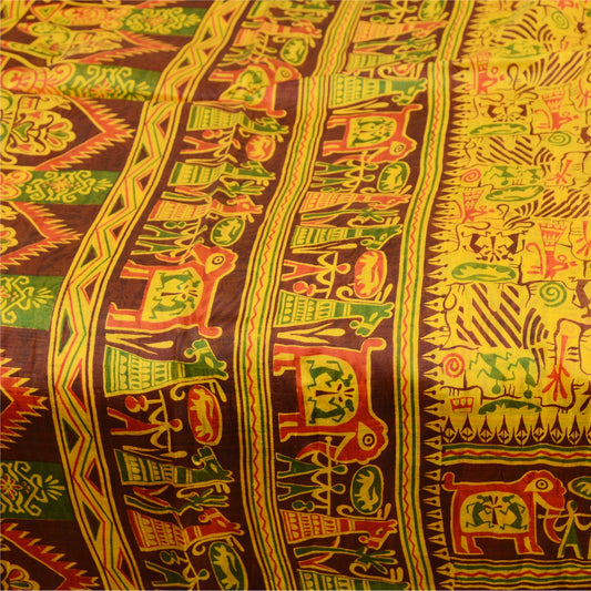 Sanskriti Vintage Sarees Yellow Animal Printed Pure Silk Sari 5+YD Craft Fabric