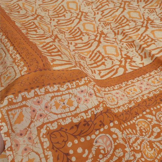 Sanskriti Vintage Sarees Batik Printed Brown 100% Pure Silk Sari 6YDCraft Sustainable Fabric