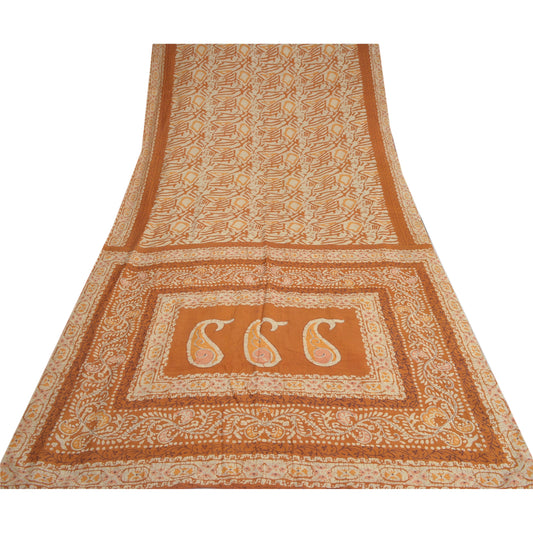 Sanskriti Vintage Sarees Batik Printed Brown 100% Pure Silk Sari 6YDCraft Sustainable Fabric