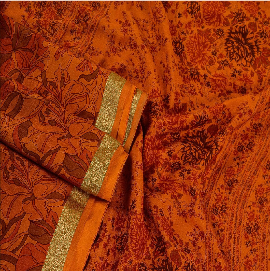 Sanskriti Vintage Sarees Saffron Pure Silk Printed Zari Border Sari Craft Sustainable Fabric