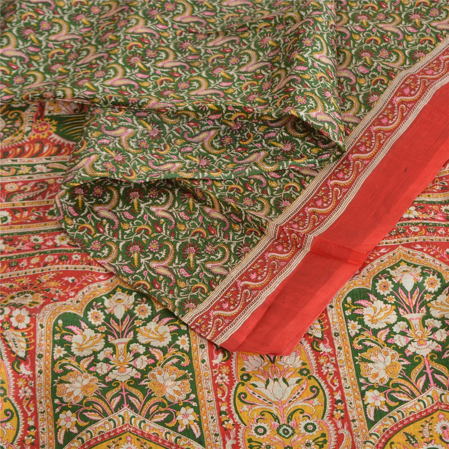 Sanskriti Vintage Sarees Green/Red Pure Silk Printed Sari Floral Craft Fabric