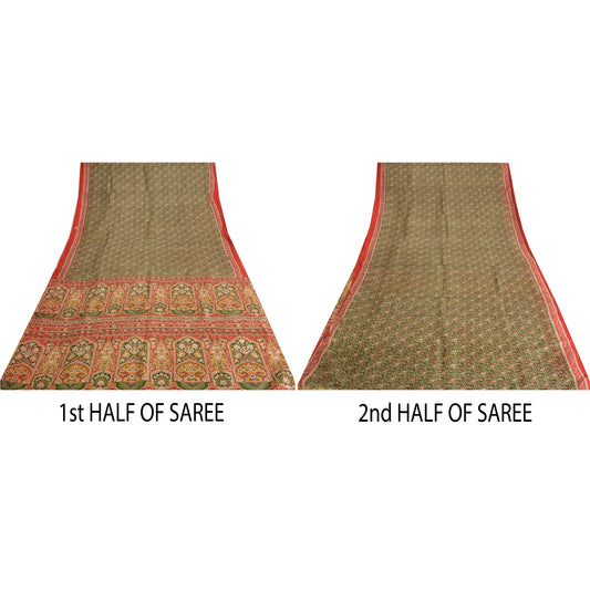 Sanskriti Vintage Sarees Green/Red Pure Silk Printed Sari Floral Craft Fabric