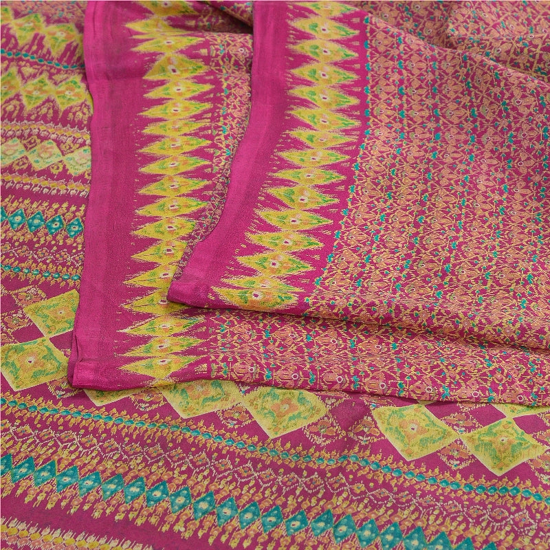 Sanskriti Vintage Sarees From India Pink Pure Silk Printed Sari 5yd Craft Sustainable Fabric