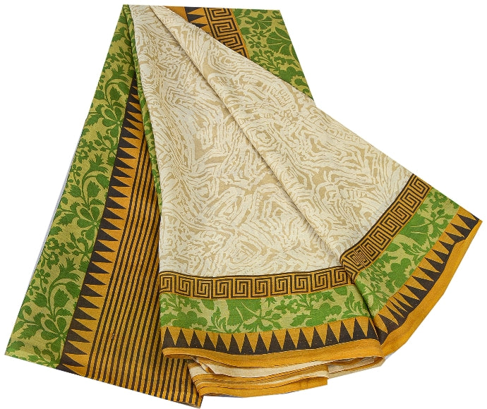 Sanskriti Vintage Sarees Ivory From India Printed Pure Silk Sari Craft Sustainable Fabric