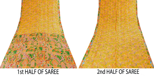 Sanskriti Vintage Sarees Yellow Indian 100% Pure Silk Printed Sari Craft Sustainable Fabric
