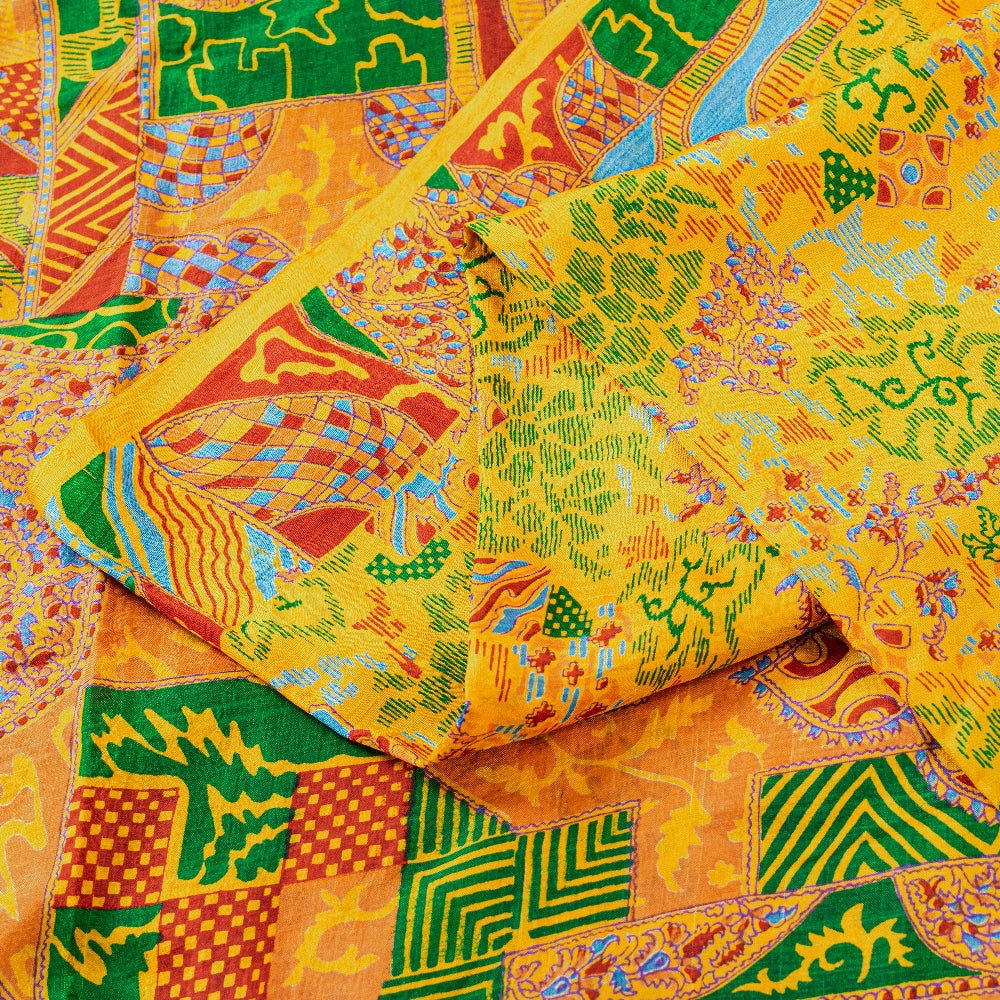 Sanskriti Vintage Sarees Yellow Indian 100% Pure Silk Printed Sari Craft Sustainable Fabric