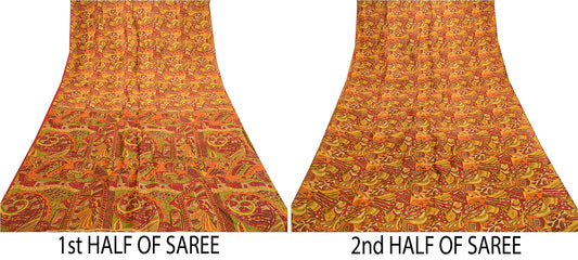 Sanskriti Vintage Sarees Red Indian 100% Pure Silk Printed Sari 5yd Craft Sustainable Fabric