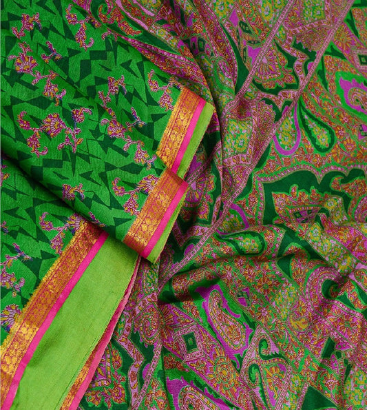 Sanskriti Vintage Sarees Grøn Ren Silke Trykt Zari Kant Sari Håndværk Bæredygtigt Stoff