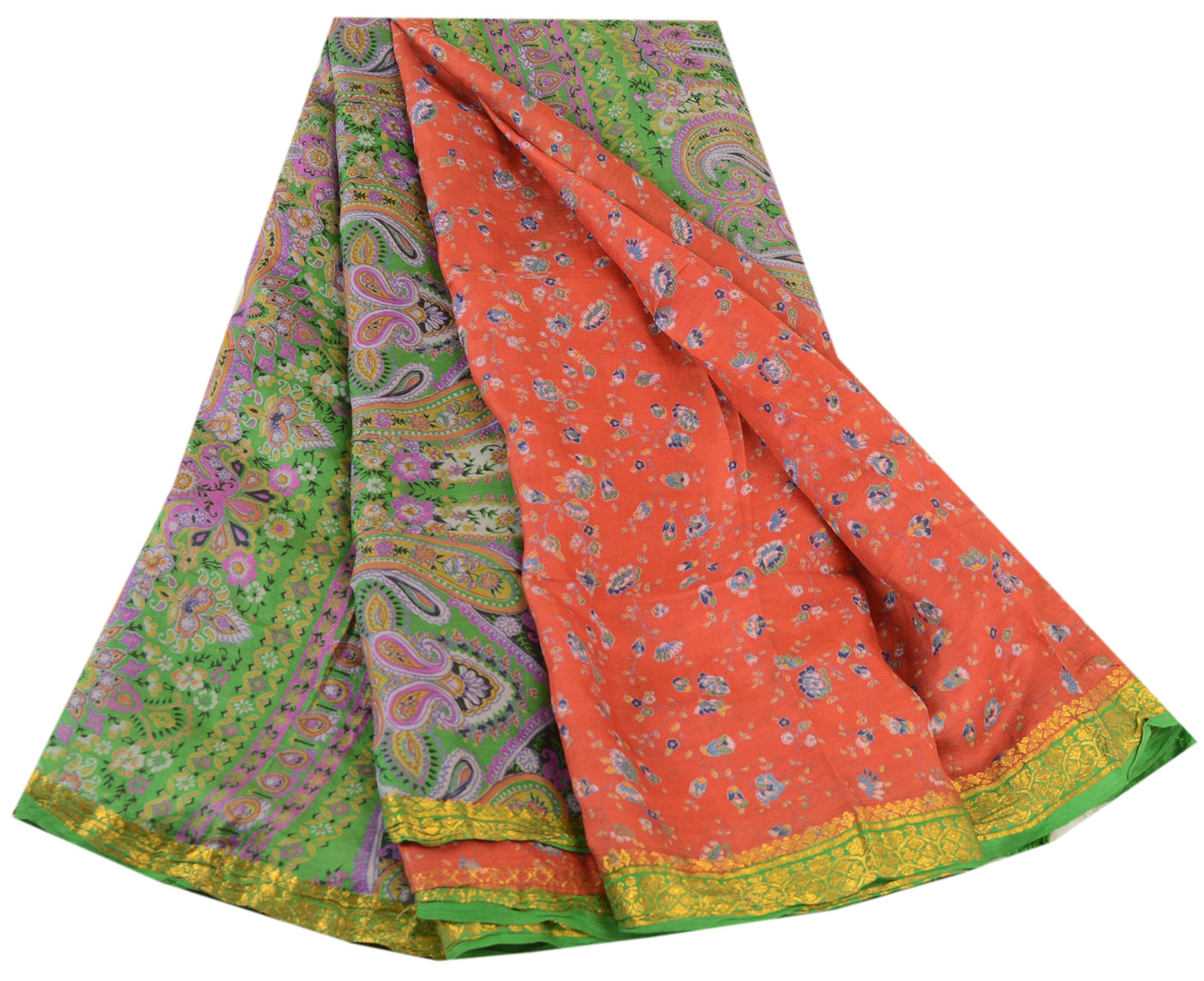 Sanskriti Vintage Sarees Reddish Orange Pure Silk Print Zari Border 5+YD Sari