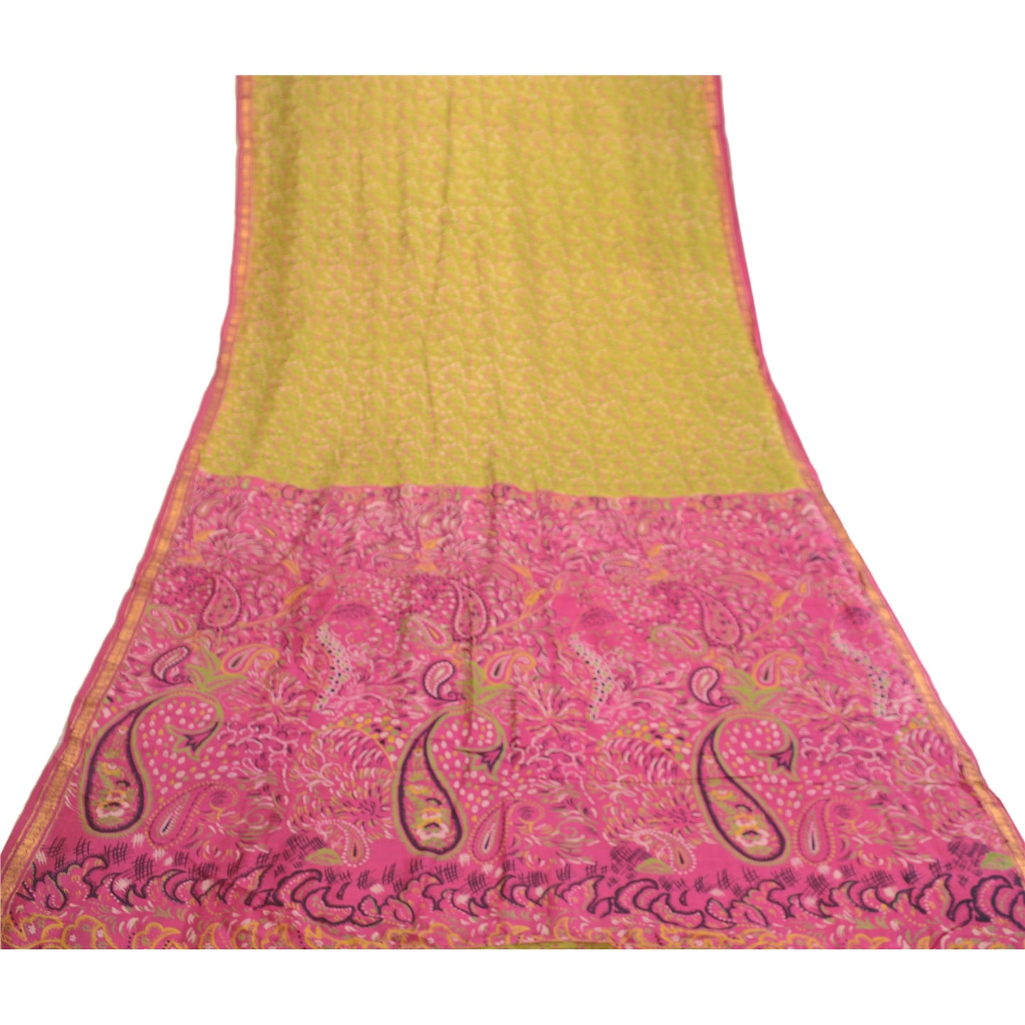 Sanskriti Vintage Sarees Green-Pink Pure Silk Printed Sari Zari Border Fabric