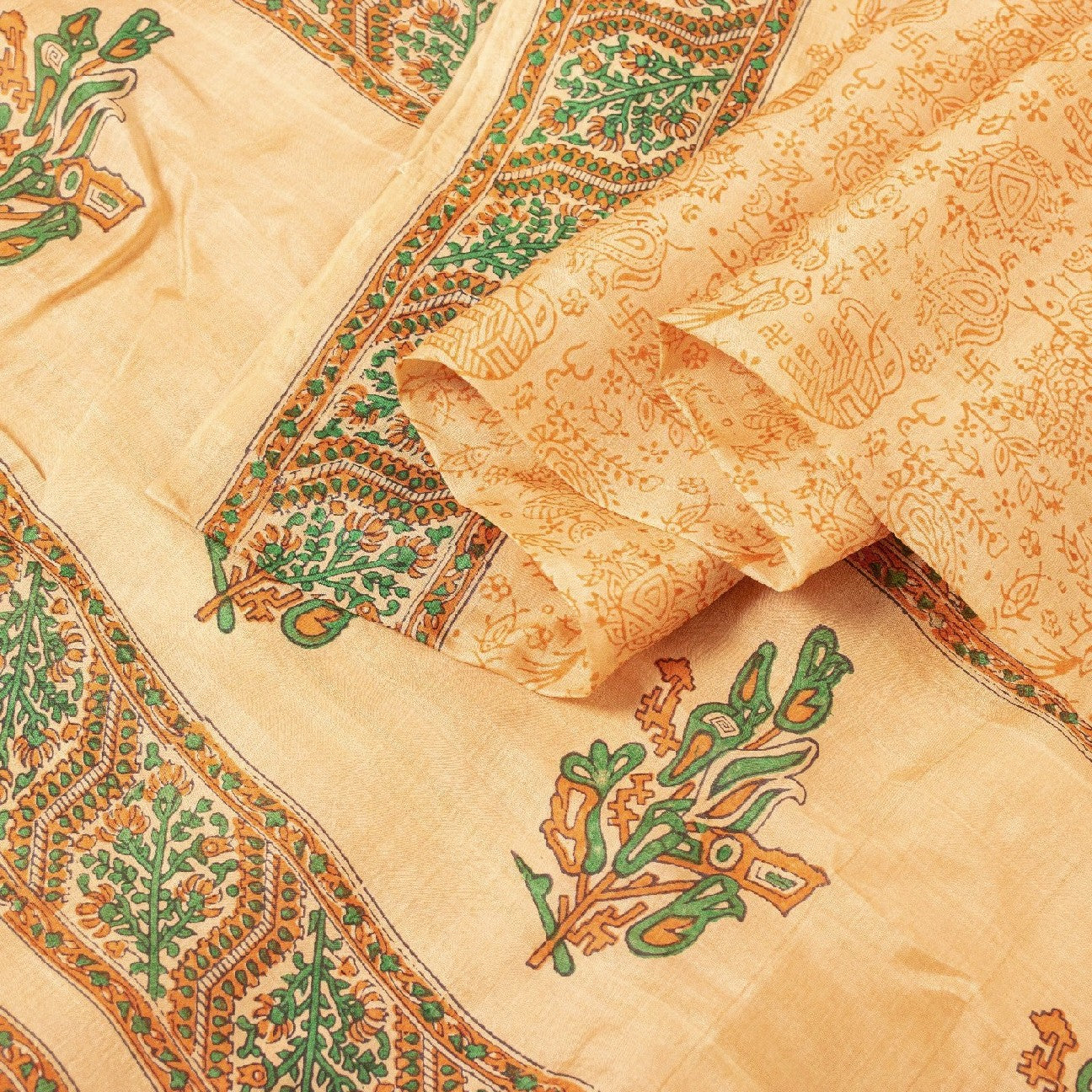 Sanskriti Vintage Sarees Beige Animal Block Printed Pure Silk Sari Craft Sustainable Fabric