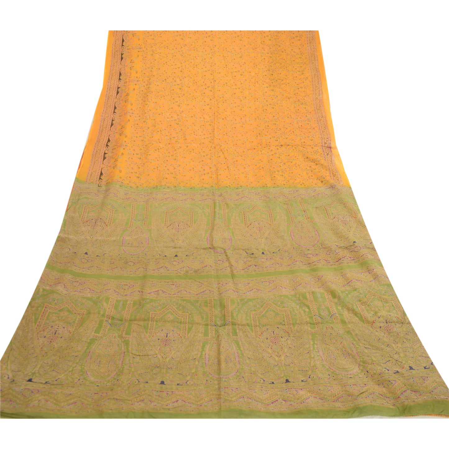 Sanskriti Vintage Sarees Pure Silk Yellow Paisley Printed Sari 5+YD Craft Fabric