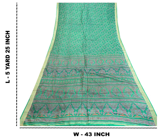 Sanskriti Vintage Sarees From India Green Pure Silk Printed Sari Craft Sustainable Fabric