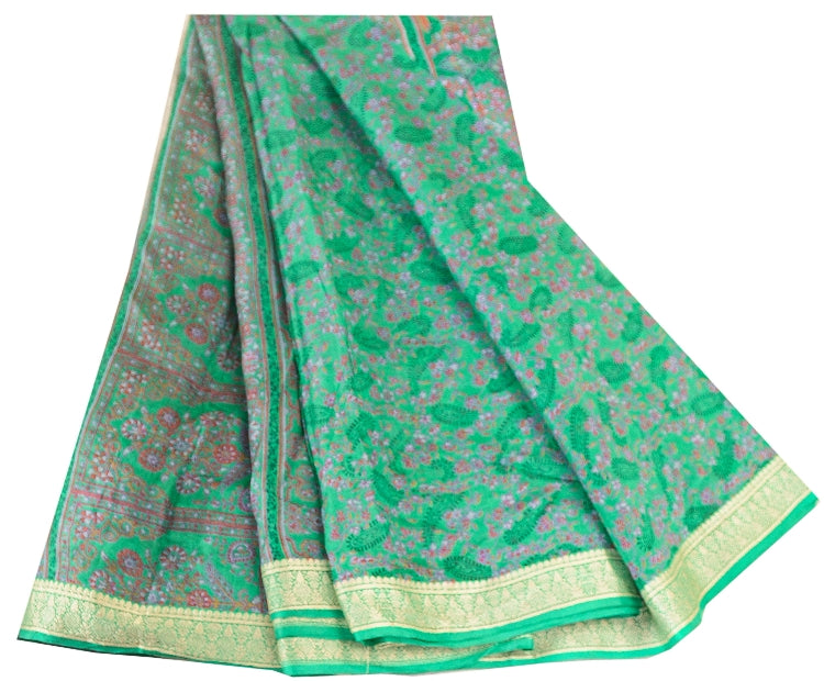 Sanskriti Vintage Sarees From India Green Pure Silk Printed Sari Craft Sustainable Fabric