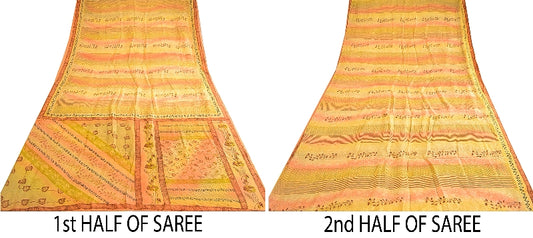 Sanskriti Vintage Sarees Mustard Yellow Pure Silk Printed Sari Soft Craft Sustainable Fabric