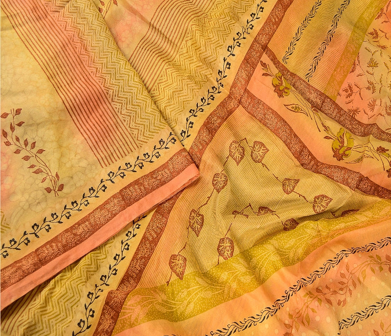 Sanskriti Vintage Sarees Mustard Yellow Pure Silk Printed Sari Soft Craft Sustainable Fabric