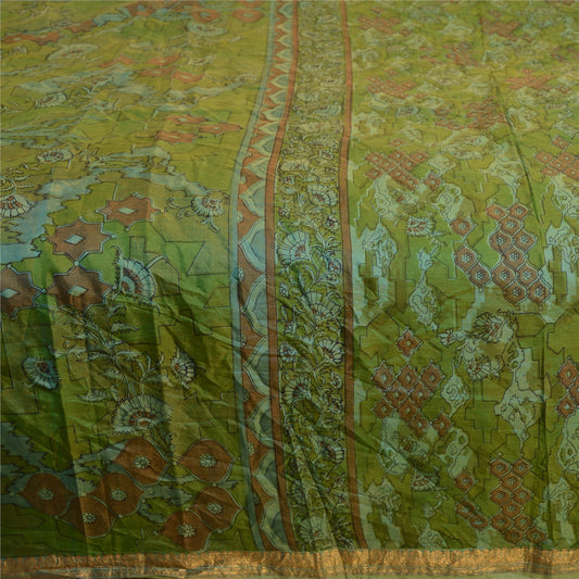 Sanskriti Vintage Sarees Green Pure Silk Printed Zari Border Sari Craft Fabric