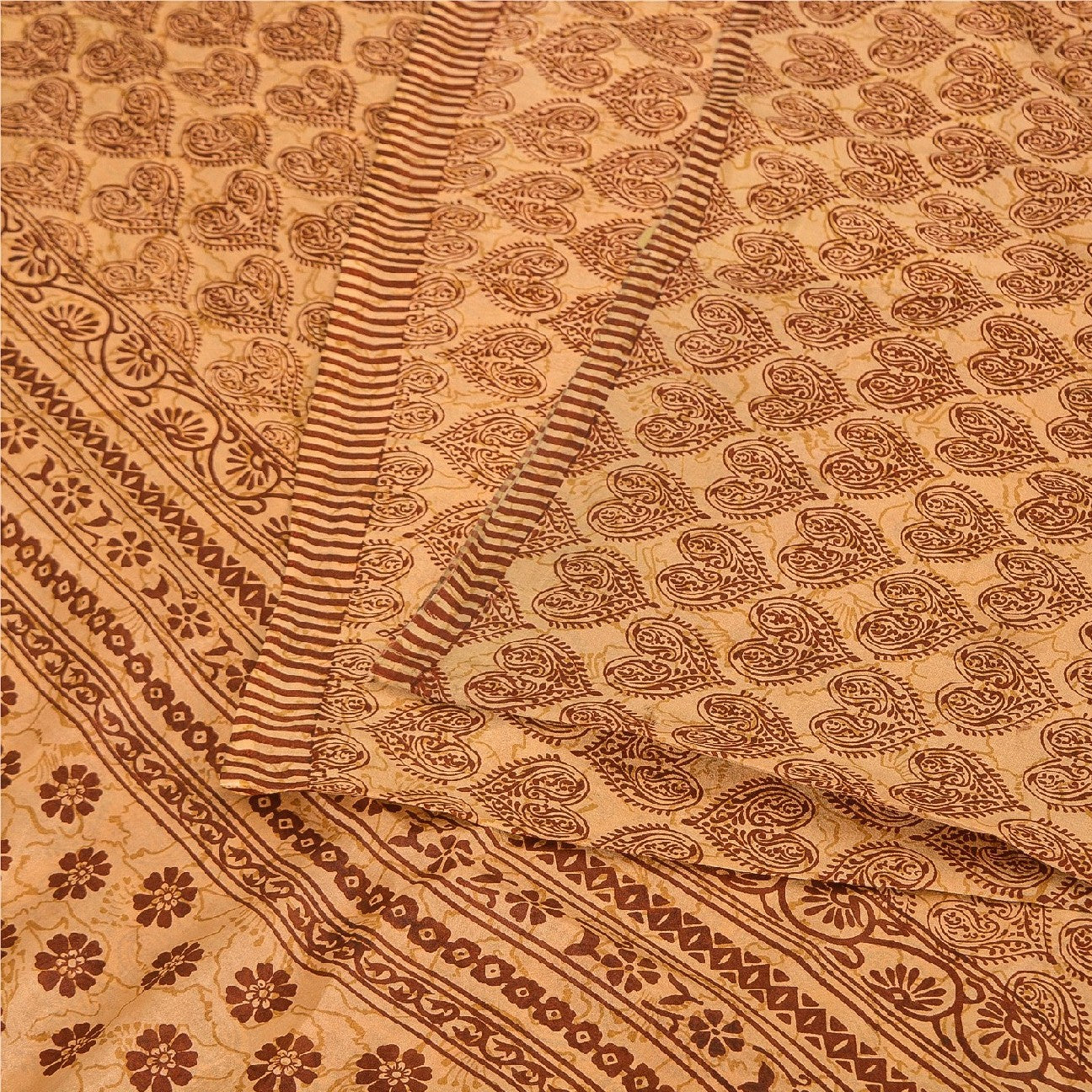 Sanskriti Vintage Sarees Salted Caramel Pure Silk Printed Sari Soft Craft Sustainable Fabric