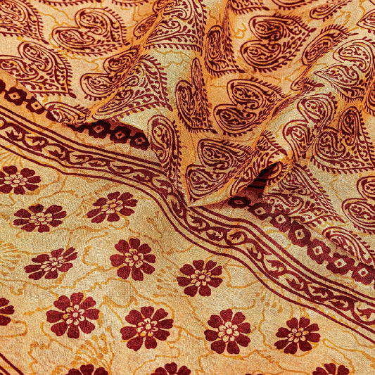Sanskriti Vintage Sarees Salted Caramel Pure Silk Printed Sari Soft Craft Sustainable Fabric