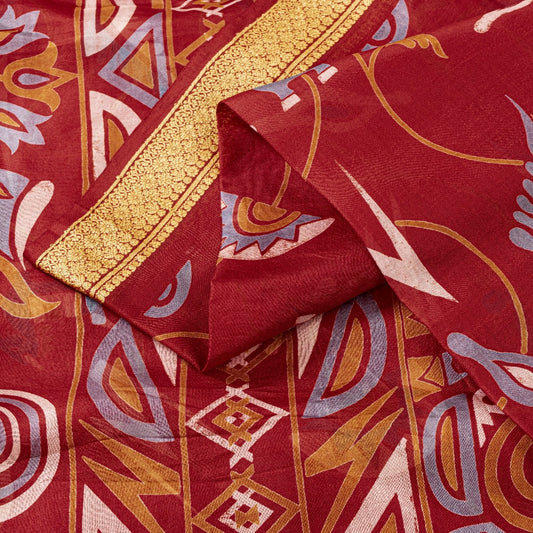 Sanskriti Vintage Sarees Red Animal Pure Silk Printed Sari 5yd Soft Craft Sustainable Fabric