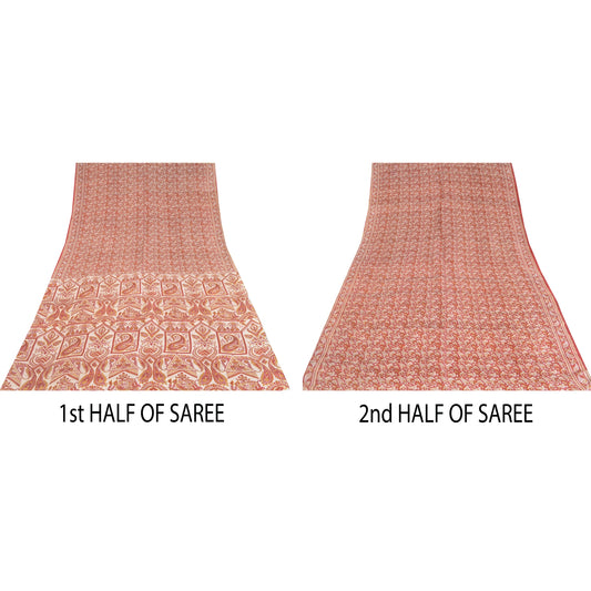 Sanskriti Vintage Sarees Red Quilting Felting Craft Fabric Pure Silk Print Sari