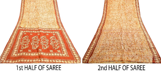 Sanskriti Vintage Sarees Indisk Cremefarvet Batik Trykt Ren Silke Sari Håndværk Bæredygtigt Stof