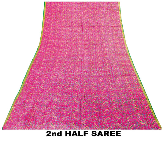 Sanskriti Vintage Sarees Pink Indian 100% Pure Silk Printed Sari Craft Sustainable Fabric