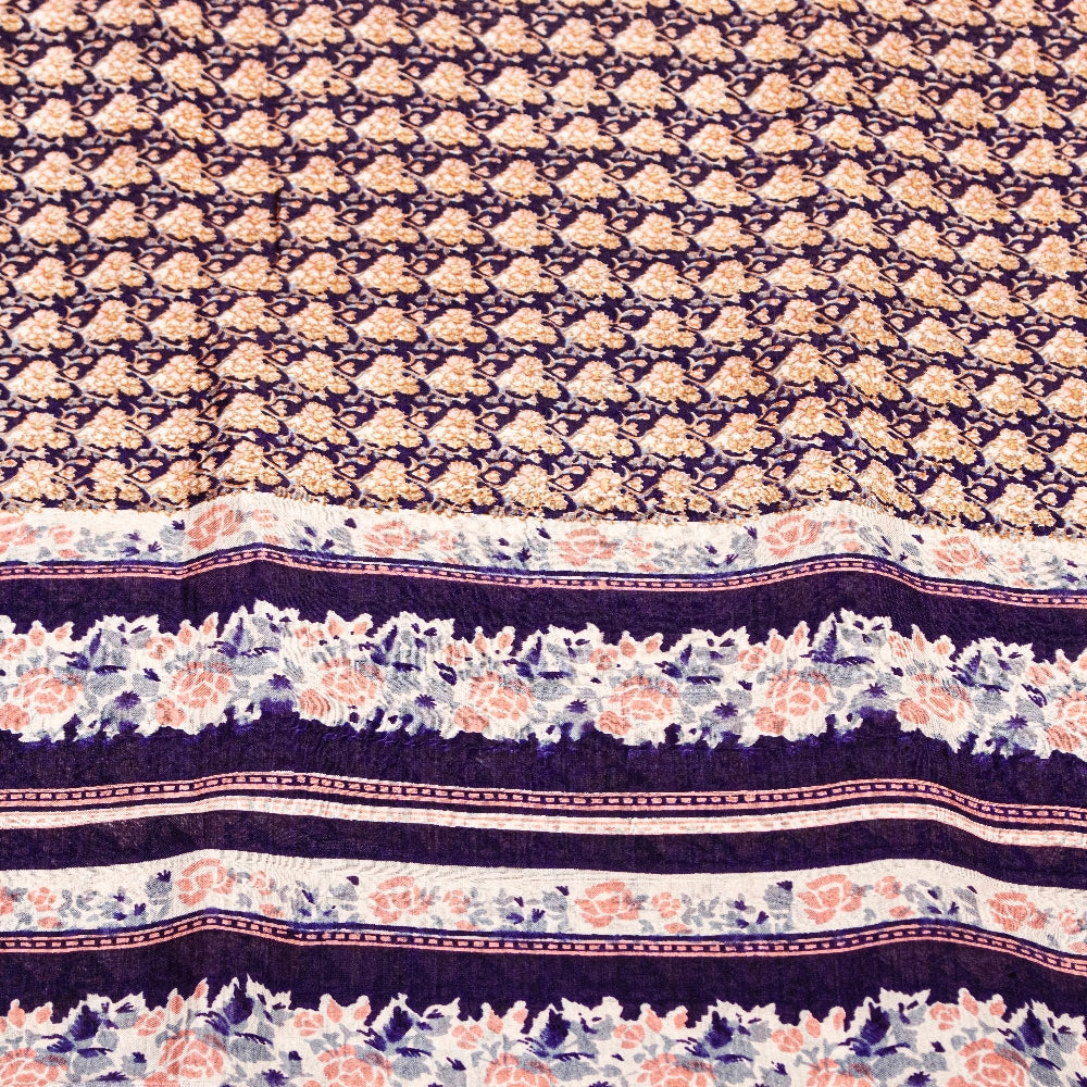 Sanskriti Vintage Sarees Blue Indian Printed Pure Silk Sari Floral Craft Sustainable Fabric