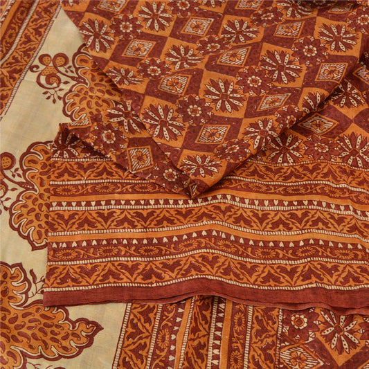 Sanskriti Vintage Sarees Indian Brown Pure Silk 5YD Craft Sustainable Fabric Printed Sari