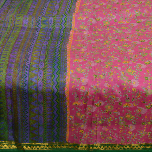 Sanskriti Vintage Sarees Pink Zari Border Pure Silk Printed Sari Craft Fabric