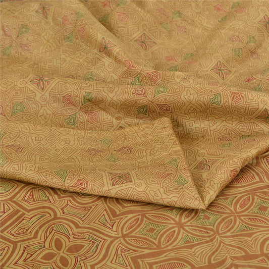 Sanskriti Vintage Sarees Shades of Cream Printed Pure Silk Sari 6yd Craft Sustainable Fabric