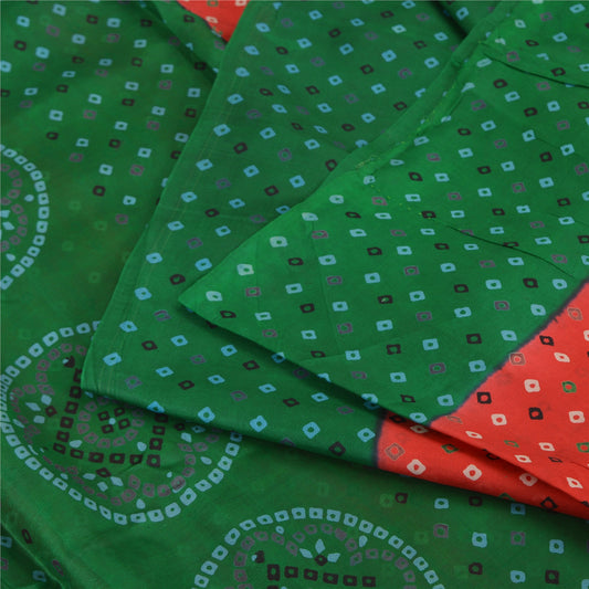 Sanskriti Vintage Sarees Orange/Green Bandhani Print Pure Silk Sari Deco Sustainable Fabric
