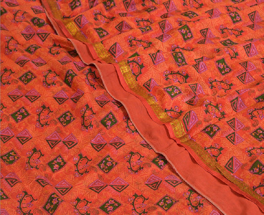 Sanskriti Vintage Sarees Red From India Printed Pure Silk Sari 5yd Craft Sustainable Fabric