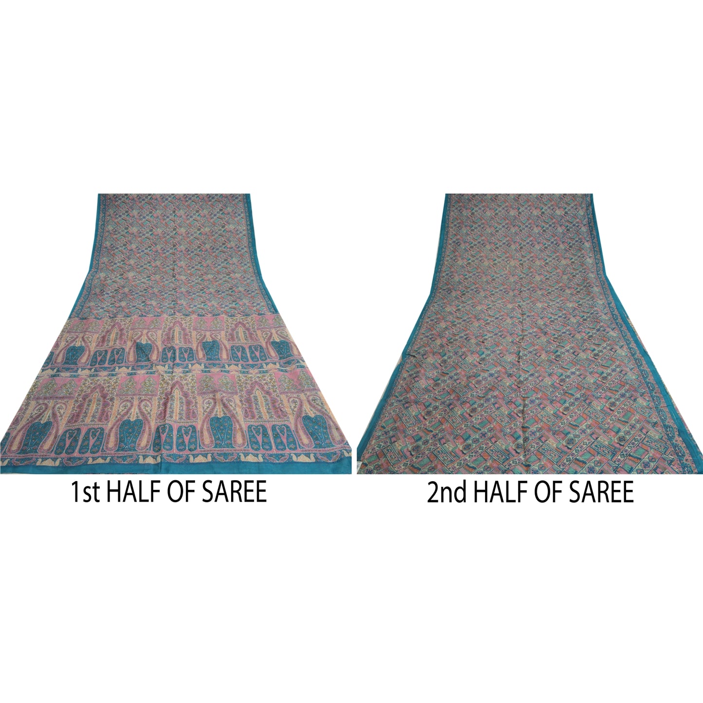 Sanskriti Vintage Sarees Blue 100% Pure Silk Geometric Print Sari Craft Fabric