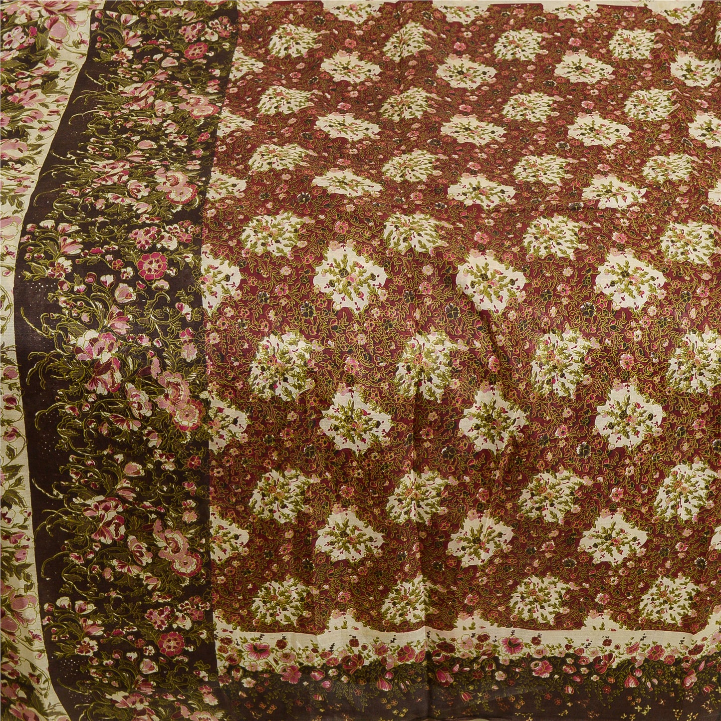 Sanskriti Vintage Sarees Red & Brown Pure Silk Floral Printed 6+YDSari Fabric