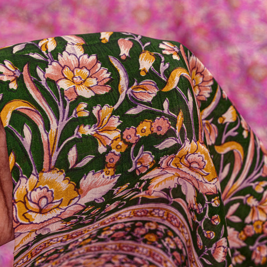 Sanskriti Vintage Saree Pink-Black 100% Pure Silk 5.5+ Yard Saree Floral Printed Sari Quilting Material Home Decor, Sewing, DIY Projects