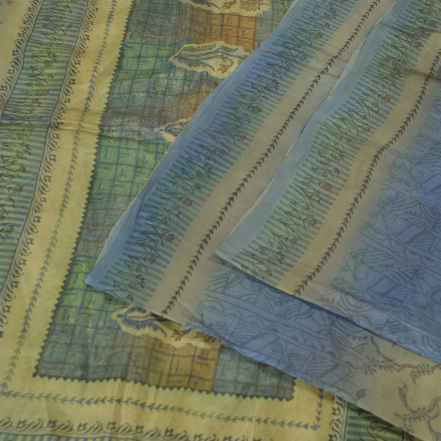 Sanskriti Vintage Sarees Green & Blue 100% Pure Silk Print Sari 5yd Craft Fabric